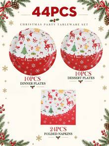 10/20pcs Christmas Disposable Paper Tableware Set (Includes 7-Inch And 9-Inch Plates, Cups, Napkins, Straws), Printed With Reindeer, Christmas Tree, Bell, Gift, Sleigh And Red Border Patterns, Suitable For Christmas Party, Holiday Dinner, Winter Celebration And Holiday Table Setting. - Multi-color 11 - View 16
