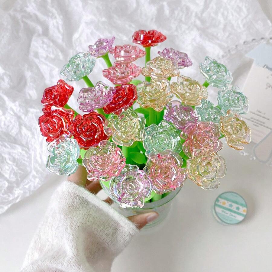 Cartoon Girl Heart Style Realistic Rose Flower Neutral Pen, Replaceable Refill, Journaling Pen, Christmas Valentine's Day Student Gift Pen - A - View 1