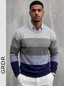 GRDR Men's Round Neck Casual Colorblock Long Sleeve Knit Sweater - Blue - View 5