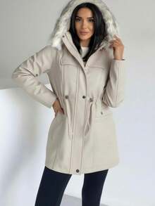 Women Hooded Pelus Lining Coat - Beige - View 3
