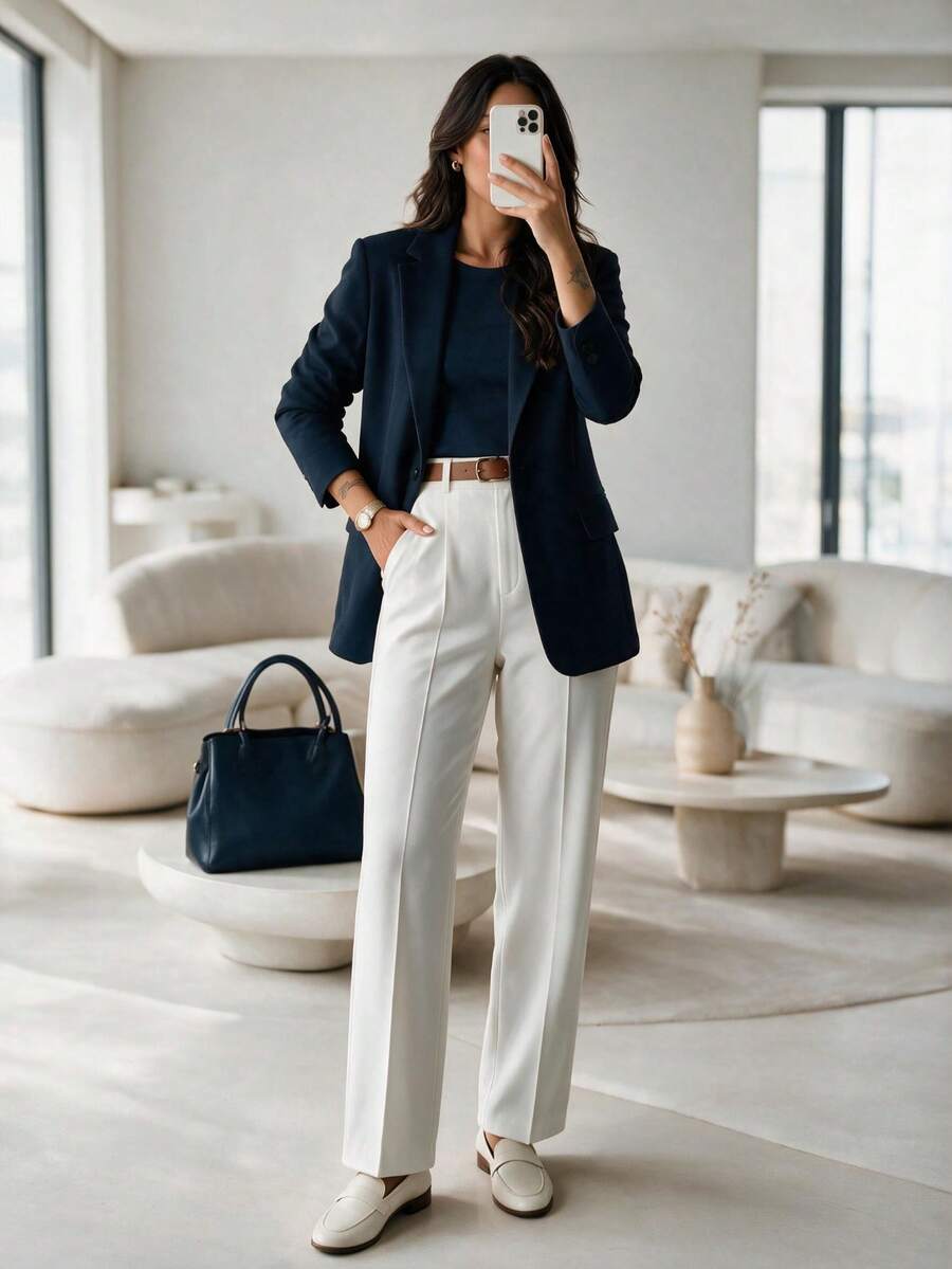 Women's High Waist White Long Pants, Minimalist Fashion, Commute Y2K Style, Comfortable Slim Fit Versatile (Accessories Not Included)