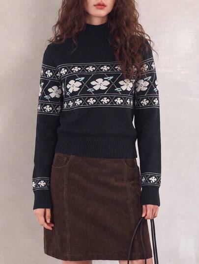 Women's Black Jacquard Knit Long Sleeve Turtleneck Sweater, Regular Length, Slightly Elastic Fabric, Suitable For Winter