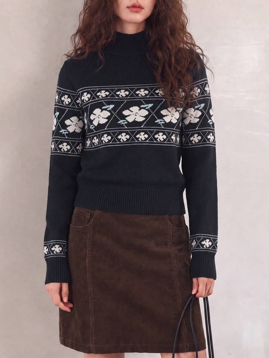 Women's Black Jacquard Knit Long Sleeve Turtleneck Sweater, Regular Length, Slightly Elastic Fabric, Suitable For Winter - Black - View 1