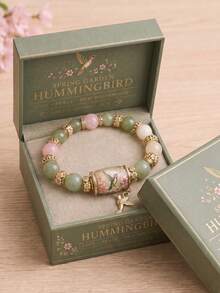 1pc Gift Box Hummingbird Jade Crystal Healing Beaded Bracelet For Women, Elastic Beaded Design, Hummingbird Pendant Decoration, Comes With Exquisite Gift Box Packaging, Suitable As Holiday Birthday Gift For Girls - Multicolor - View 2