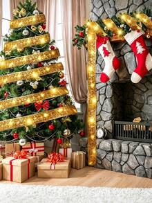 Christmas Gold Foil Star Organza LED Fairy Light String, Battery Powered, Flexible Translucent Mesh Fabric For Christmas Tree And Bow Decoration - Gold Ribbon - View 1