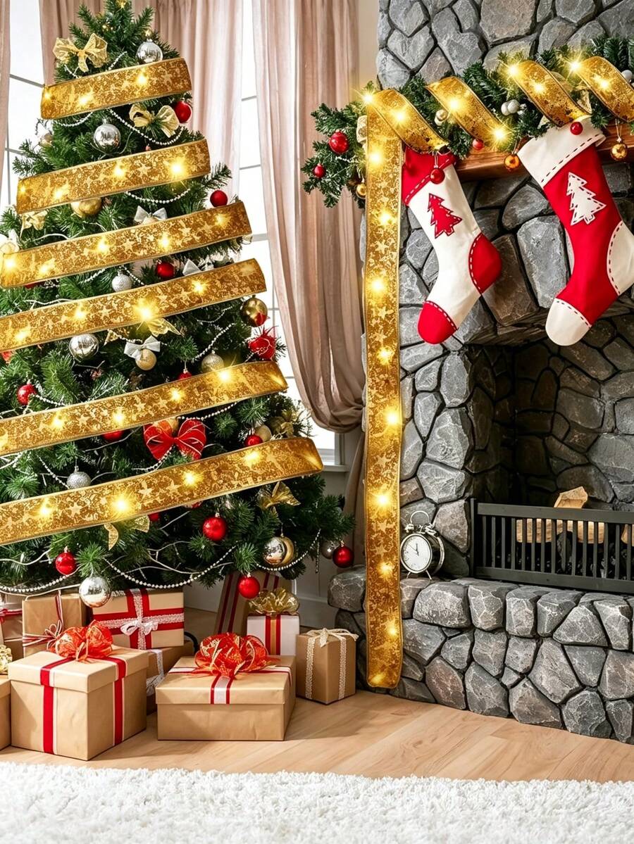 Christmas Gold Foil Star Organza LED Fairy Light String, Battery Powered, Flexible Translucent Mesh Fabric For Christmas Tree And Bow Decoration - Gold Ribbon - View 1