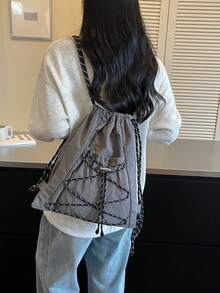 Grey Drawstring Bag, Large Capacity Multi-Functional Drawstring Backpack, Fashionable Sports, Suitable For School, Commuting, Daily Casual Use, Cute Design - Grey - View 4