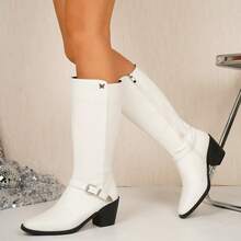 Women's White Western Cowboy Tall Boots, Buckle Side Zipper Chunky Heel, Autumn/Winter Long Boots, Suitable For Concerts, Commuting And Autumn/Winter Outfits - White - View 6