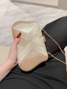 Elegant Champagne Metallic Satin Evening Clutch,Curved Hard Shell With Cross-Woven Stripes,Luxury Women Handbag,For Weddings,Banquets,Cocktail Parties - Apricot - View 8