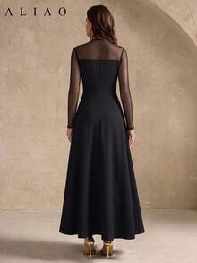 Spring/Autumn French Vintage Court Style Black Sheer Mesh A-Line Maxi Dress, Elegant Wedding Party Formal Gown - Black - View 8