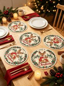 1/2/4pcs Christmas Placemats, Reindeer And Berry Elements, Round Design, Linen Material, Suitable For Christmas Decoration, Family Gatherings, Parties, Table Decor, Holiday Decor, Indoor Decor. - Multiple Styles - View 8