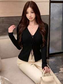 Sexy Style Design Tie-Up Deep V-Neck Long Sleeve Cardigan Women's Autumn Loose Versatile Outerwear Top - Black - View 4