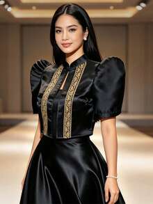 現代菲律賓風上衣 蝴蝶袖 Filipiniana 女款優雅印花泡泡短袖上衣 - 黑色 - 查看 4
