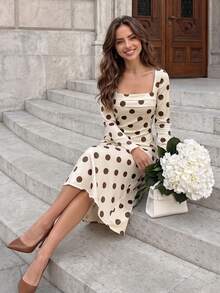 Vuslat Women's Elegant Square Neck Waist-Cinching Polka Dot Midi Dress, Suitable For Daily Commute, Party, Date, Christmas - Apricot - View 7