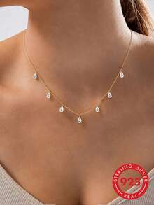 1pc S925 Sterling Silver Romantic Fluid Tassel Water Drop Pendant Clavicle Necklace, Delicate Luxury High-End Neck Accessory For Women, Niche Personalized Design For Date, Party, Gift For Lover, Friend, Holiday, Birthday - Water Drop - View 2