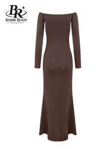 Gaun Maxi Seksi Pas Badan Model Bahu Terbuka untuk Kencan Malam dari BADDIE REALM untuk Wanita - Kopi - View 10