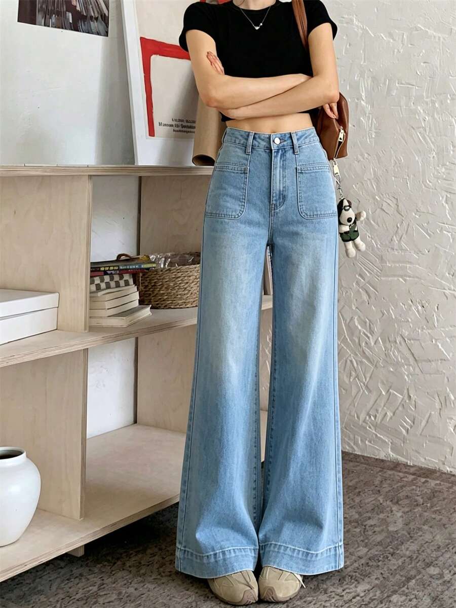 Women's Light Wash High Waist Loose Fit Stretch Denim Jeans, Wide Flared Hem & Fashion Patch Front Pockets Casual Pants - Blue - View 1