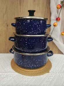 3pcs Multi-Size Enamel Soup Pot Set, Double-Ear Soup Pot With Starry Pattern, Outdoor Picnic Pot, Enamel Stew Pot, Small Stew Pot, Ramen Pot, Oil Pot With Lid, Baby Food Pot, Multi-Color 3pcs Enamel Cookware Set, Thick Double-Ear Enamel Cooking Pot, Multi-Purpose For Gas & Induction Cooktop, Enamel Pot With Lid And Handles - Caliber 6.3IN-7.87IN - View 14