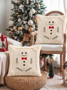 Christmas Pillowcase, Cute Snowman Beige Soft Plush Farmhouse Style Decorative Cushion Cover, Suitable For Sofa, Christmas Home Decor - Beige - View 1