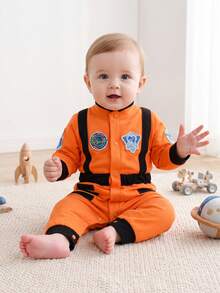 Interstellar Exploration Style Newborn Jumpsuit, Contrast Color Webbing Badge Decor Infant Long Sleeve Jumpsuit - Orange - View 3
