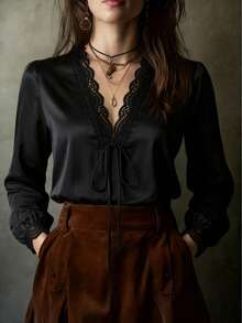 Women's Loose Elegant Solid Color Lace Top, Hollow Floral Lace Design - Black - View 8