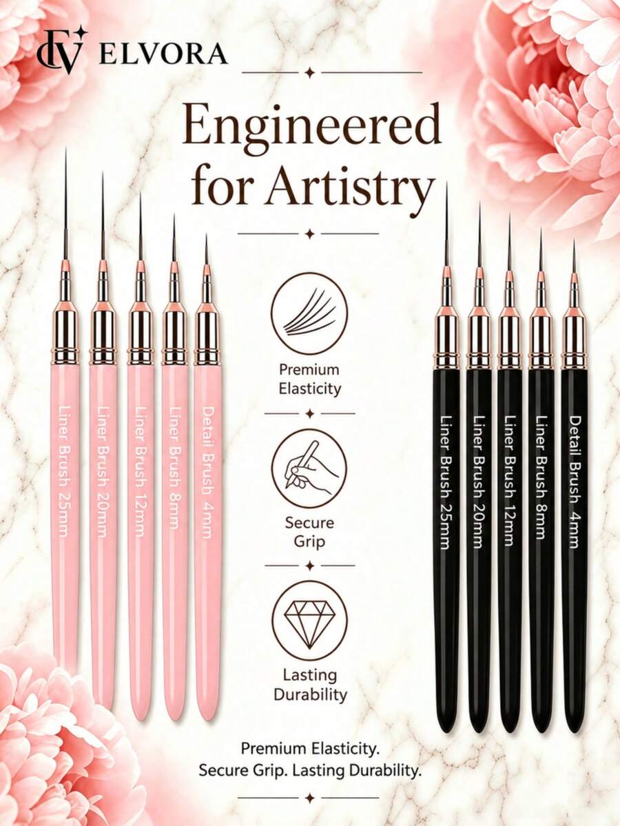 Nail Art Liner Brush Set, Ultra-Fine Detail Brushes, Pink & Black Dual-Color Handles, Suitable For Precise Lines, Stripes And Pattern Outlining, DIY Nail Design Tools, Home Manicure, Nail Styling And Daily Creative Makeup Use - Multicolor - View 1
