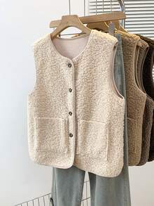 YUXIN Women's Autumn/Winter Essential! Soft Faux Lamb Fleece Sleeveless Cardigan Vest, Dual Pocket Design, Super Warm & Versatile, Suitable For Daily Wear - Apricot - View 3