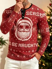 Men's Christmas Santa Claus Print Henley Collar Long Sleeve T-Shirt Top - Multicolor - View 2