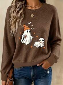 Women Plus Size Long Sleeve Pullover Sweater, Halloween Ghost Walking Dog Funny Print, Loose Casual Top, Suitable For Autumn/Winter - Dark Ochre - View 2