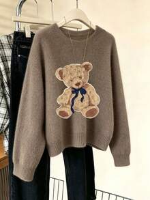 Plus Size Women's Cute Bow Teddy Bear Print Loose Long Sleeve Pullover Sweater - Earth Gray - View 8