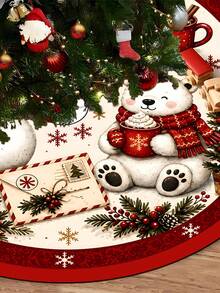 1pc Red Christmas Tree Skirt With Snowman And Bear Pattern, Classic Red Trim Snowflake Design, Round Base, Suitable For Standard Size Christmas Tree; Ideal For Winter Party And Home Holiday Decoration, Perfect Christmas Tree Accessory - Multicolor - View 9