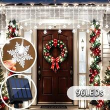 Christmas & Halloween Party Decoration Solar Powered Icicle Snowflake String Lights, Warm/Colorful/White 3 Color Modes, 4*0.6m Wave Style Hanging 16 Strands 96LEDs, 3D Hollow Snowflake Pendants, Transparent And Lightweight, Natural Snowfall Pattern, Clear Petal Outline, Soft Diffused Light, Hanging Ice & Snow Curtain Effect, Dreamy Night View - Solar Powered Snowflake Ice Bar Lights - View 5