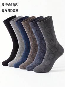 5/10 Pairs Random Assortment Men's Minimalist Business Diamond Pattern Mid-Calf Socks, Soft Breathable Comfortable Vintage Gentleman Socks Suitable For Office Daily Wear And Gift - Multicolor - View 9