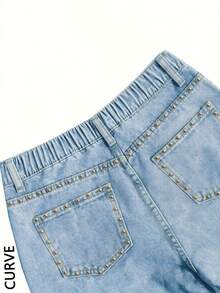Women's Plus Size Loose Wide Leg Straight Rivet Denim Jeans, Back Elastic Waist Design, Fashionable Autumn/Winter Plus Size Long Pants - Light Wash - View 4