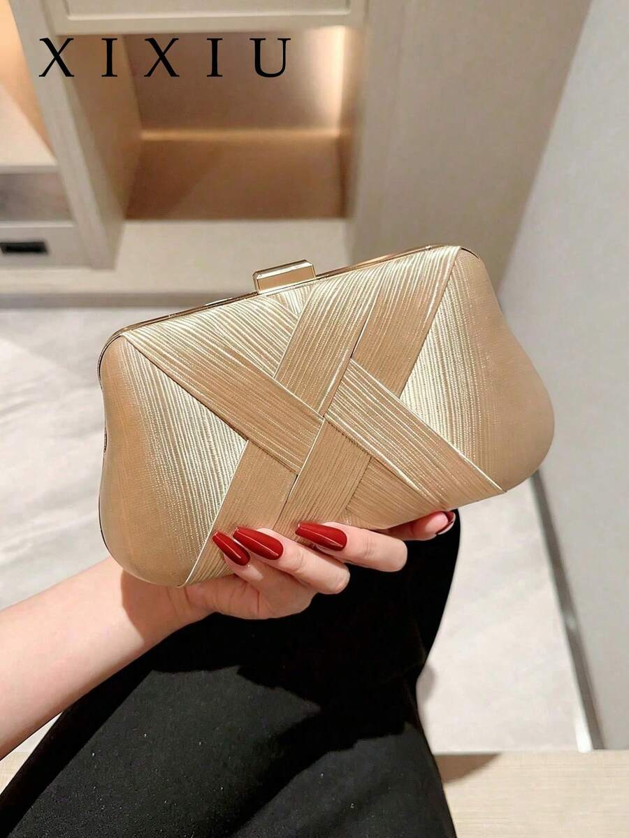 Elegant Champagne Metallic Satin Evening Clutch,Curved Hard Shell With Cross-Woven Stripes,Luxury Women Handbag,For Weddings,Banquets,Cocktail Parties - Apricot - View 1