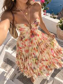 Women's Elegant Floral Pleated Spaghetti Strap Dress, Flowy Backless Dress, Suitable For Vacation, Party, Evening Event - Apricot - View 1
