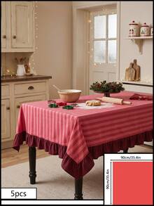 1pc Red And White Thin Striped With Burgundy Ruffle Edge Tablecloth, Christmas Baking Style Fabric Material, Rectangular Burgundy Ruffle Edge Patchwork Detail, Stain-Resistant Protection And Decorative Function For Home Long Table, Suitable For Christmas Baking Decor And Holiday Kitchen Scenes - Red - View 15