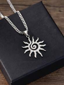 2Pcs Vintage Hip Hop Layered Necklace Set, Alloy Sun Spiral Pendant With Stainless Steel Chain For Men, Daily & Holiday Gift - Silver - View 5