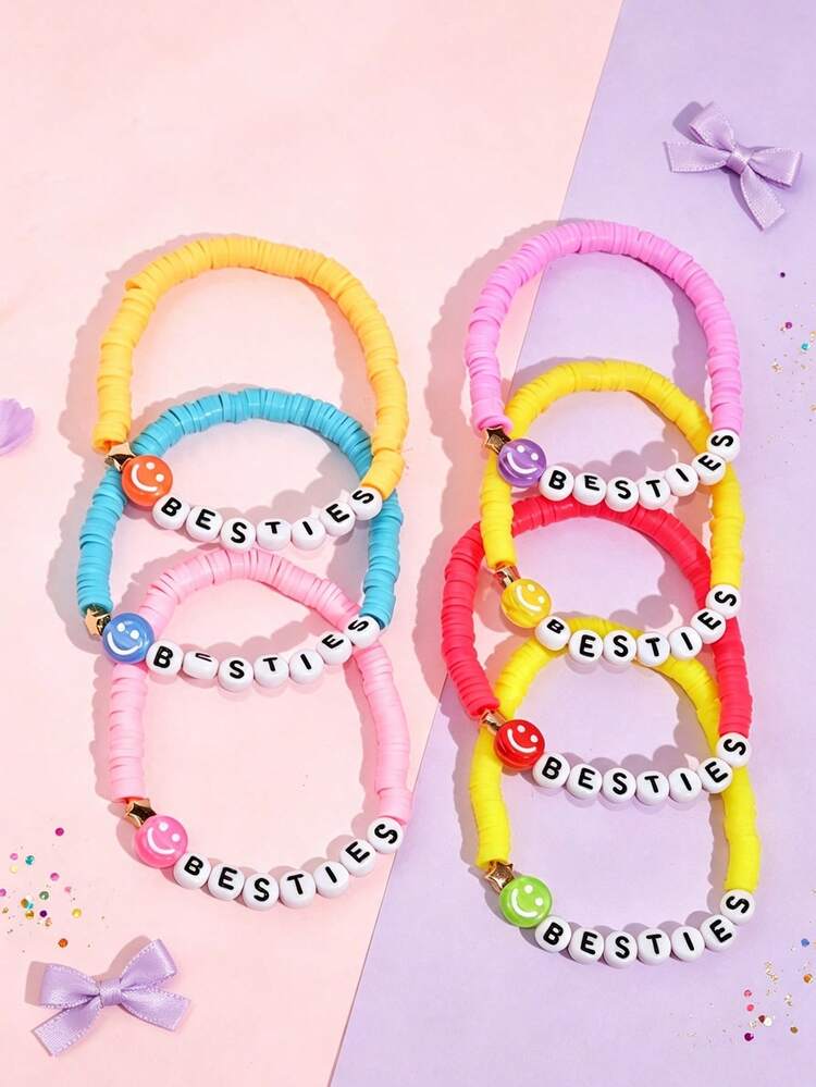 7pcs/Set Minimalist Smiling Face & Star Colorful Soft Clay Beaded Bracelet Set For Girls, Best Friends Daily Wear - Multicolor - View 1