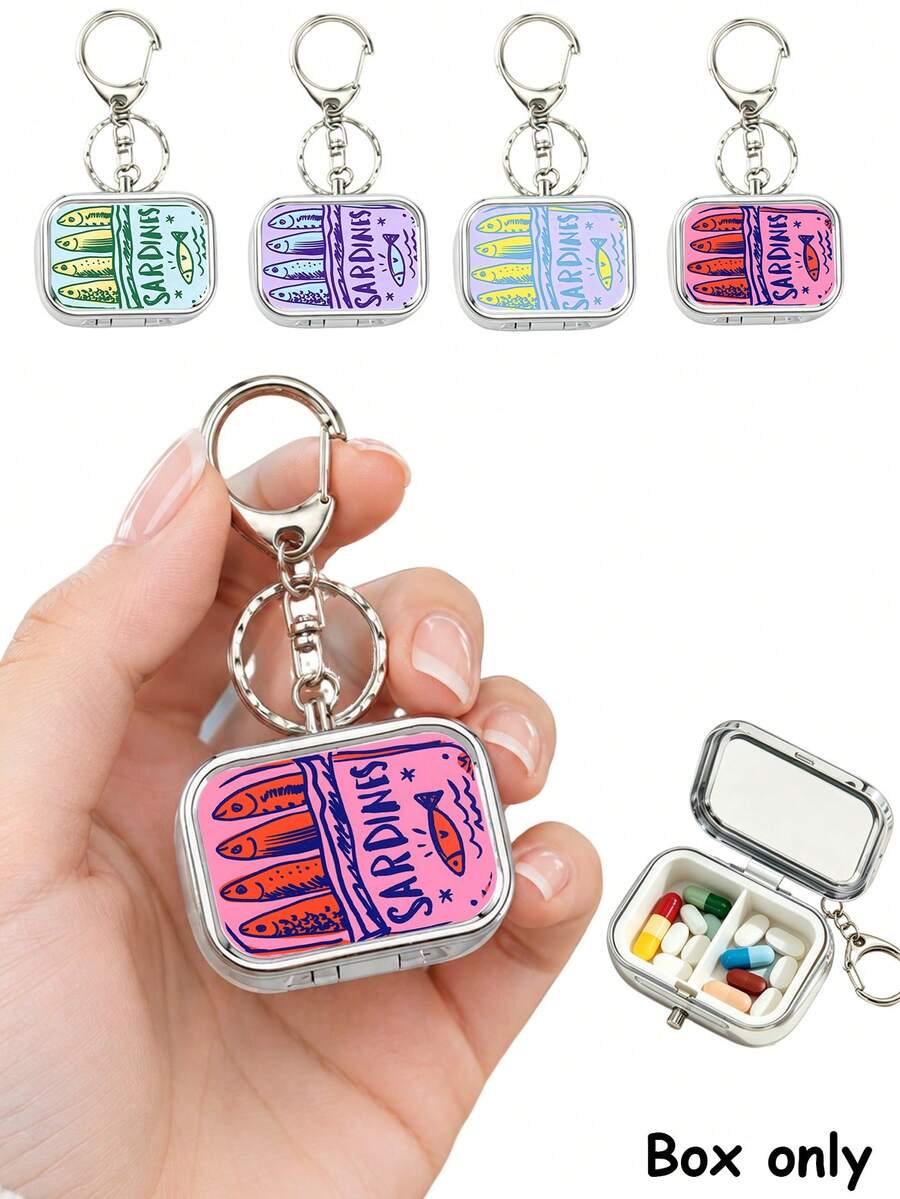 Vintage-Style Fun Sardine Square Pill Box Medicine Box With Keychain,Storage Compartment,Portable Jewelry Box,Mini Storage Box,Medicine Organizer Box,Suitable For Daily Medications And Vitamins,Only Empty Box - Multicolor - View 1