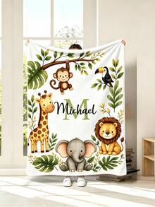 Personalized Animal Blanket, Customized Name Giraffe Elephant Lion Monkey Throw Blanket, Soft All-Season Children's Blanket, Suitable For Baby Room Bedroom Travel Gift - Multicolor - View 6