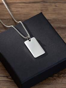 Minimalist Business Style Stainless Steel Necklace, Smooth Blank Rectangle Tag Pendant For Men, Daily Wear & Birthday Gift Jewelry - Silver - View 4