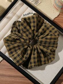 1pc Olive Green Orange Pink Brown Korean Style Plaid Ruched Scrunchie Soft Textured Fabric Hair Tie For Commute Girl Low Ponytail Bun - Multicolor - View 5