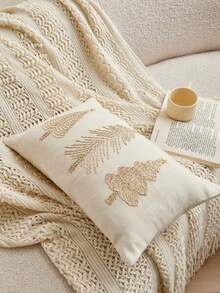 1Pc Corded Embroidery Christmas Tree Pillow Case, Chenille Decorative Cushion Cover With Hidden Zipper, Sofa Home Christmas Decor, Pillow Insert Not Included - Beige - View 6