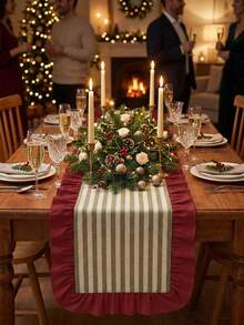 1pc Green & White Fine Striped With Burgundy Ruffle Edge Table Runner, Christmas Country Style Fabric Material, Rectangular Shape With Burgundy Ruffle Edge Patchwork Detail Decoration, Beautification And Stain Protection For Tabletop, Suitable For Christmas Fireplace Decor And Winter Holiday Home Scenes - Red - View 4