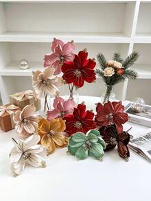 1Pc Glitter Velvet Artificial Christmas Poinsettia Flowers,Beaded Fabric Floral Picks,Decorative Flower Stems For Christmas Tree,Table Centerpiece - Multicolor - View 1