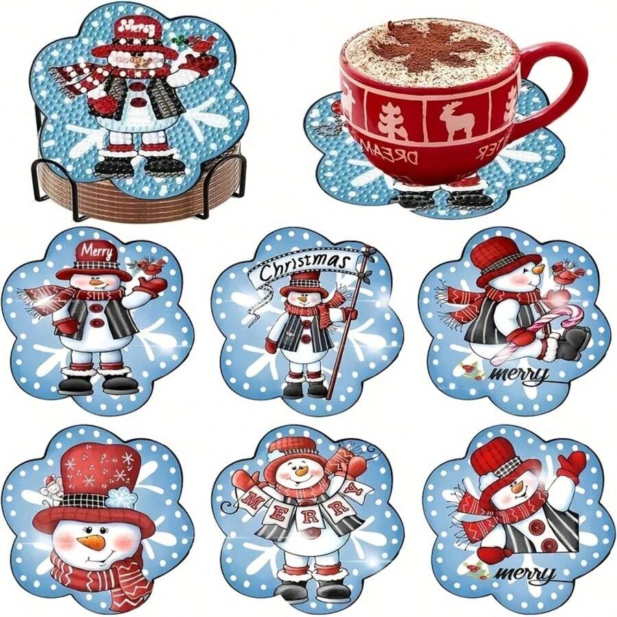 8件組聖誕5D DIY鑽石畫杯墊套組，全鑽水鑽藝術杯墊，防滑手工桌飾，聖誕手工禮物，適合成人與兒童 - C - 查看 1