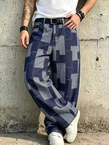 Celana Jeans Denim Pria LIYS Motif Kotak-kotak Geometris Jacquard Longgar Kaki Lebar Gaya Jalanan Vintage dengan Efek Usang - Biru - View 3