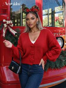 New Idea Women's Red Autumn Knit Cardigan, V-Neck Long Puff Sleeve 3D Floral Button Short Elegant Sweater, Suitable For Party - Red - View 4