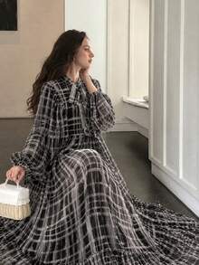 Women's Elegant Long Sleeve Modern Fashion Plaid Print Patchwork Design High-End Elegant Luxury Flare Dress - Multicolor - View 1